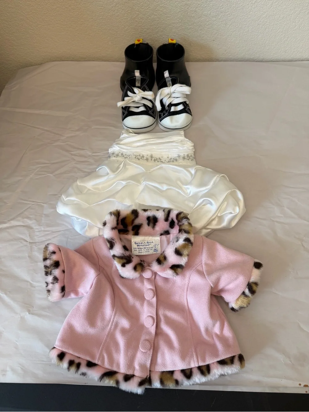 Build-A-Bear 4 piece lot Pink Faux Fur Trim Coat Wedding Dress Black Shoes-boots